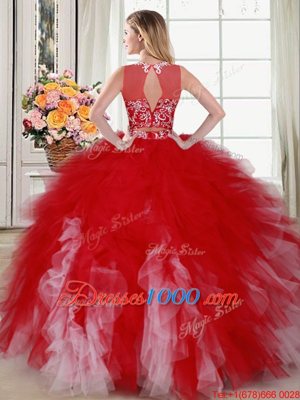 Stunning Scoop Sleeveless Zipper Sweet 16 Quinceanera Dress White and Red Tulle