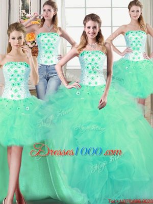 Four Piece Floor Length Turquoise Sweet 16 Dresses Strapless Sleeveless Lace Up