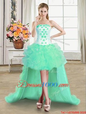Four Piece Floor Length Turquoise Sweet 16 Dresses Strapless Sleeveless Lace Up