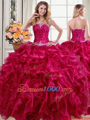 Four Piece Floor Length Lace Up Sweet 16 Dress Fuchsia and In for Military Ball and Sweet 16 and Quinceanera with Beading and Ruffles