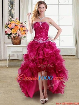 Four Piece Floor Length Lace Up Sweet 16 Dress Fuchsia and In for Military Ball and Sweet 16 and Quinceanera with Beading and Ruffles