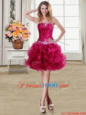 Four Piece Floor Length Lace Up Sweet 16 Dress Fuchsia and In for Military Ball and Sweet 16 and Quinceanera with Beading and Ruffles