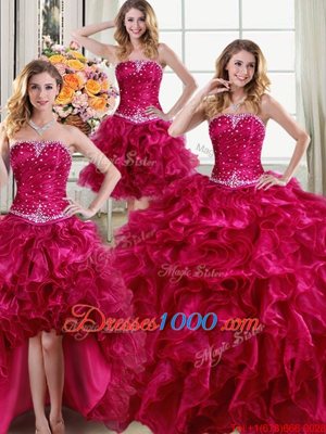 Four Piece Floor Length Lace Up Sweet 16 Dress Fuchsia and In for Military Ball and Sweet 16 and Quinceanera with Beading and Ruffles