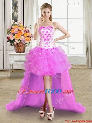 Simple Four Piece Floor Length Fuchsia Quinceanera Gowns Tulle Sleeveless Beading and Appliques and Ruffles