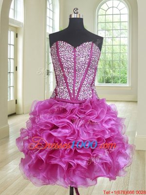 Shining Four Piece Fuchsia Lace Up Quinceanera Gowns Beading and Ruffles Sleeveless Floor Length