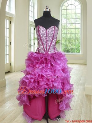 Shining Four Piece Fuchsia Lace Up Quinceanera Gowns Beading and Ruffles Sleeveless Floor Length