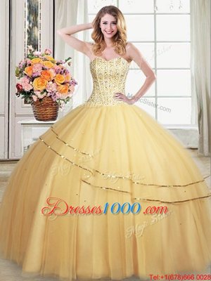 Gold Ball Gowns Sweetheart Sleeveless Tulle Floor Length Lace Up Beading and Sequins Quince Ball Gowns