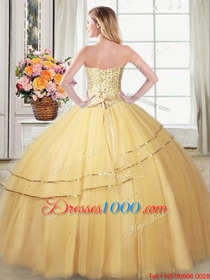 Gold Ball Gowns Sweetheart Sleeveless Tulle Floor Length Lace Up Beading and Sequins Quince Ball Gowns