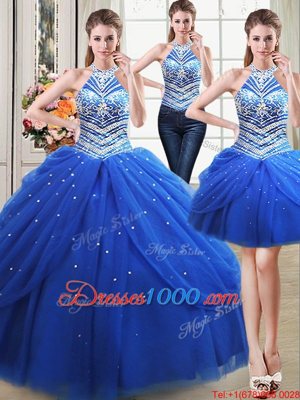 Romantic Three Piece Halter Top Royal Blue Lace Up Quince Ball Gowns Beading and Pick Ups Sleeveless Floor Length