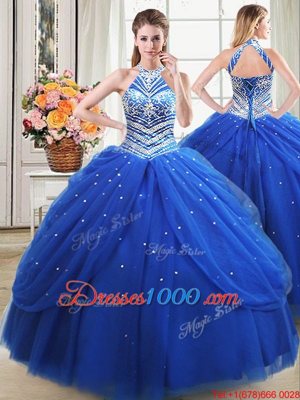 Romantic Three Piece Halter Top Royal Blue Lace Up Quince Ball Gowns Beading and Pick Ups Sleeveless Floor Length