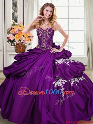 Floor Length Purple Ball Gown Prom Dress Taffeta Sleeveless Beading and Appliques and Pick Ups