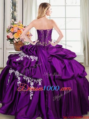 Floor Length Purple Ball Gown Prom Dress Taffeta Sleeveless Beading and Appliques and Pick Ups