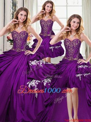 Four Piece Pick Ups Ball Gowns Vestidos de Quinceanera Purple Sweetheart Taffeta Sleeveless Floor Length Lace Up