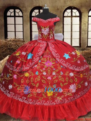 Colorful Off the Shoulder Red Sleeveless Organza and Taffeta Lace Up Quinceanera Dresses for Military Ball and Sweet 16 and Quinceanera