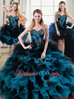 Perfect Four Piece Sweetheart Sleeveless Organza and Tulle Ball Gown Prom Dress Beading and Ruffles and Hand Made Flower Lace Up
