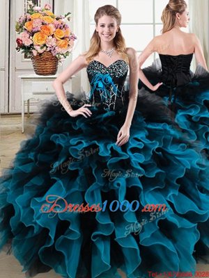 Perfect Four Piece Sweetheart Sleeveless Organza and Tulle Ball Gown Prom Dress Beading and Ruffles and Hand Made Flower Lace Up