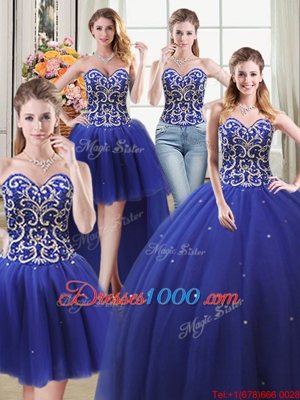 Unique Four Piece Royal Blue Ball Gowns Beading Quinceanera Gown Lace Up Tulle Sleeveless Floor Length