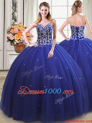 Unique Four Piece Royal Blue Ball Gowns Beading Quinceanera Gown Lace Up Tulle Sleeveless Floor Length