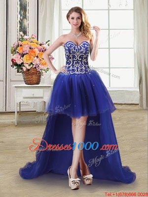 Unique Four Piece Royal Blue Ball Gowns Beading Quinceanera Gown Lace Up Tulle Sleeveless Floor Length