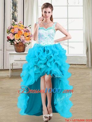 Four Piece Baby Blue Organza Lace Up Straps Sleeveless Floor Length Ball Gown Prom Dress Beading and Ruffles
