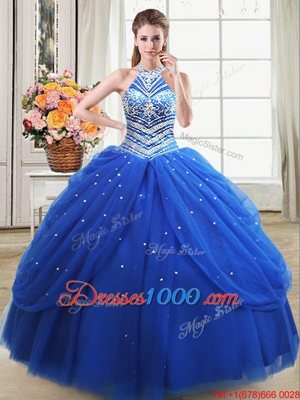 Royal Blue Halter Top Neckline Beading and Pick Ups Quinceanera Gowns Sleeveless Lace Up