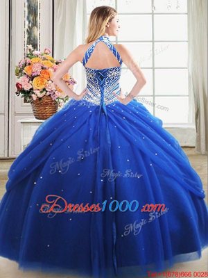 Royal Blue Halter Top Neckline Beading and Pick Ups Quinceanera Gowns Sleeveless Lace Up