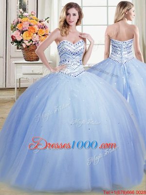 Sweet Light Blue Tulle Lace Up Sweetheart Sleeveless Floor Length Ball Gown Prom Dress Beading