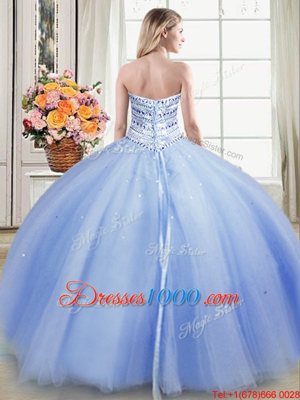 Sweet Light Blue Tulle Lace Up Sweetheart Sleeveless Floor Length Ball Gown Prom Dress Beading