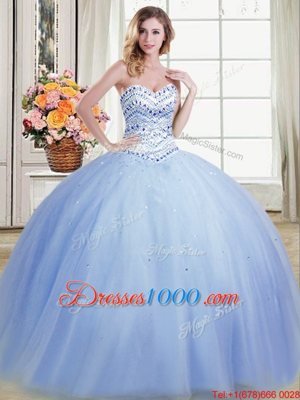 Sweet Light Blue Tulle Lace Up Sweetheart Sleeveless Floor Length Ball Gown Prom Dress Beading