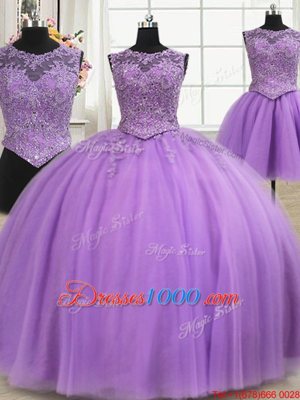 Three Piece Floor Length Lilac Ball Gown Prom Dress Scoop Sleeveless Lace Up