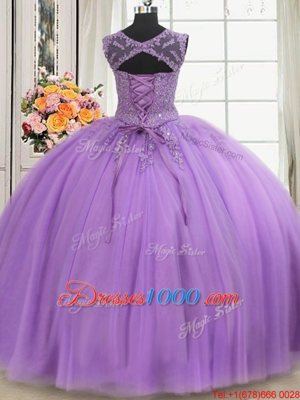 Three Piece Floor Length Lilac Ball Gown Prom Dress Scoop Sleeveless Lace Up