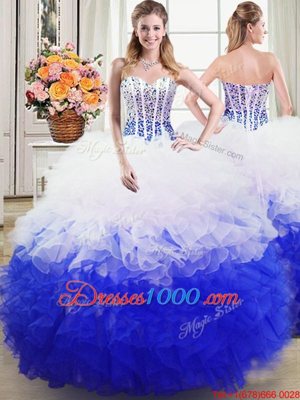 Exceptional Blue And White Sleeveless Floor Length Beading and Ruffles Lace Up Quinceanera Gown