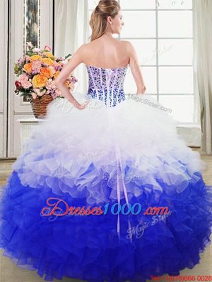 Exceptional Blue And White Sleeveless Floor Length Beading and Ruffles Lace Up Quinceanera Gown