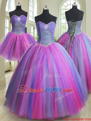 Three Piece Multi-color Tulle Lace Up Ball Gown Prom Dress Sleeveless Floor Length Beading
