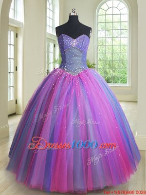 Three Piece Multi-color Tulle Lace Up Ball Gown Prom Dress Sleeveless Floor Length Beading