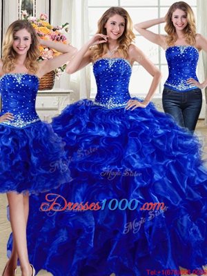 Fantastic Three Piece Strapless Sleeveless Lace Up Quinceanera Gown Royal Blue Organza