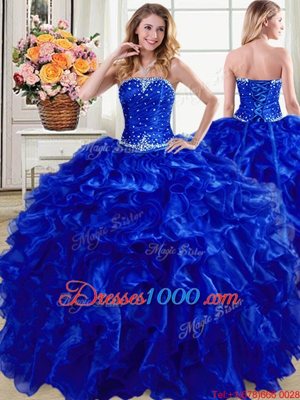 Fantastic Three Piece Strapless Sleeveless Lace Up Quinceanera Gown Royal Blue Organza