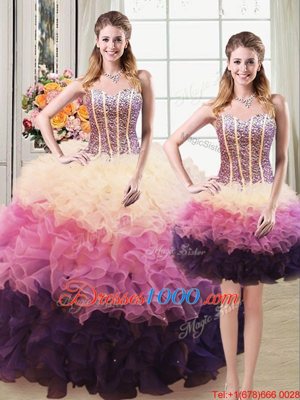 Dramatic Three Piece Multi-color Ball Gowns Sweetheart Sleeveless Organza Floor Length Lace Up Beading and Ruffles Quince Ball Gowns