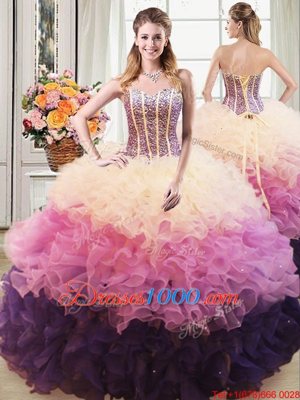 Dramatic Three Piece Multi-color Ball Gowns Sweetheart Sleeveless Organza Floor Length Lace Up Beading and Ruffles Quince Ball Gowns