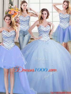 Clearance Four Piece Light Blue Sleeveless Tulle Lace Up Quince Ball Gowns for Military Ball and Sweet 16 and Quinceanera
