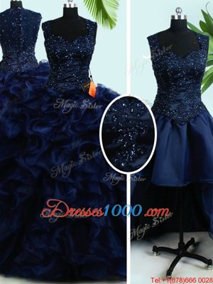 Gorgeous Four Piece Navy Blue Quinceanera Dresses Military Ball and Sweet 16 and Quinceanera and For with Beading and Ruffles Straps Sleeveless Zipper