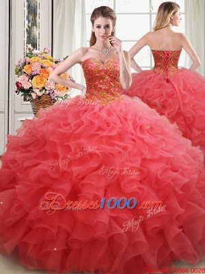 Stunning Coral Red Sweetheart Lace Up Beading and Ruffles Sweet 16 Dress Sleeveless