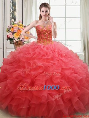 Stunning Coral Red Sweetheart Lace Up Beading and Ruffles Sweet 16 Dress Sleeveless