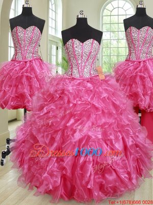 Four Piece Hot Pink Organza Lace Up Quinceanera Dresses Sleeveless Floor Length Beading and Ruffles