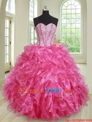 Four Piece Hot Pink Organza Lace Up Quinceanera Dresses Sleeveless Floor Length Beading and Ruffles