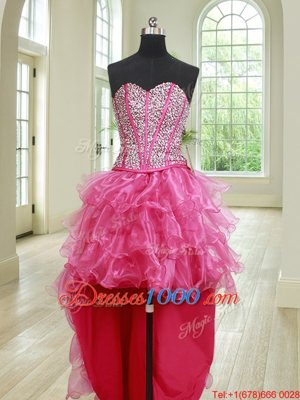 Four Piece Hot Pink Organza Lace Up Quinceanera Dresses Sleeveless Floor Length Beading and Ruffles