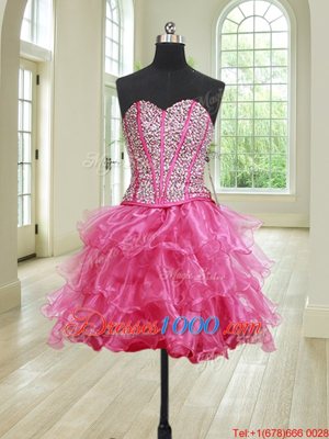 Four Piece Hot Pink Organza Lace Up Quinceanera Dresses Sleeveless Floor Length Beading and Ruffles