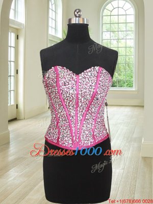 Four Piece Hot Pink Organza Lace Up Quinceanera Dresses Sleeveless Floor Length Beading and Ruffles