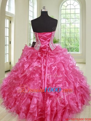 Four Piece Hot Pink Organza Lace Up Quinceanera Dresses Sleeveless Floor Length Beading and Ruffles