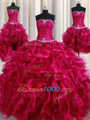 Four Piece Burgundy Strapless Lace Up Beading and Ruffles Quinceanera Gown Sleeveless
